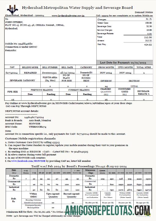 Em branco modelo de conta de serviços públicos do Conselho Metropolitano de Abastecimento de Água e Esgoto de Hyderabad na Índia em formatos Word e PDF